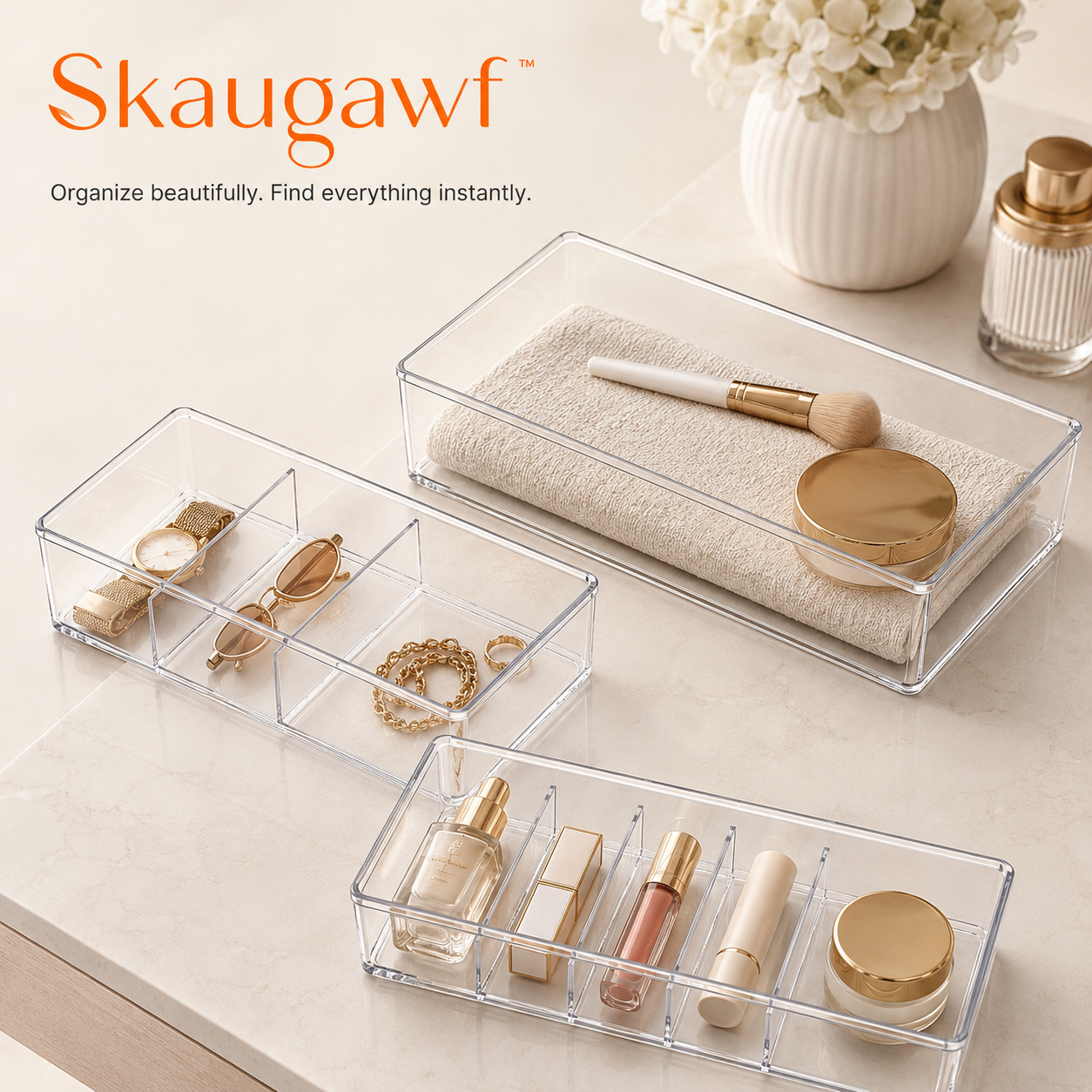 Skaugawf™ Clear Acrylic Drawer Organizer Trays, 3-Pack Stackable Vanity Storage Bins, Bathroom, Makeup, Office & Kitchen Drawer Organizers