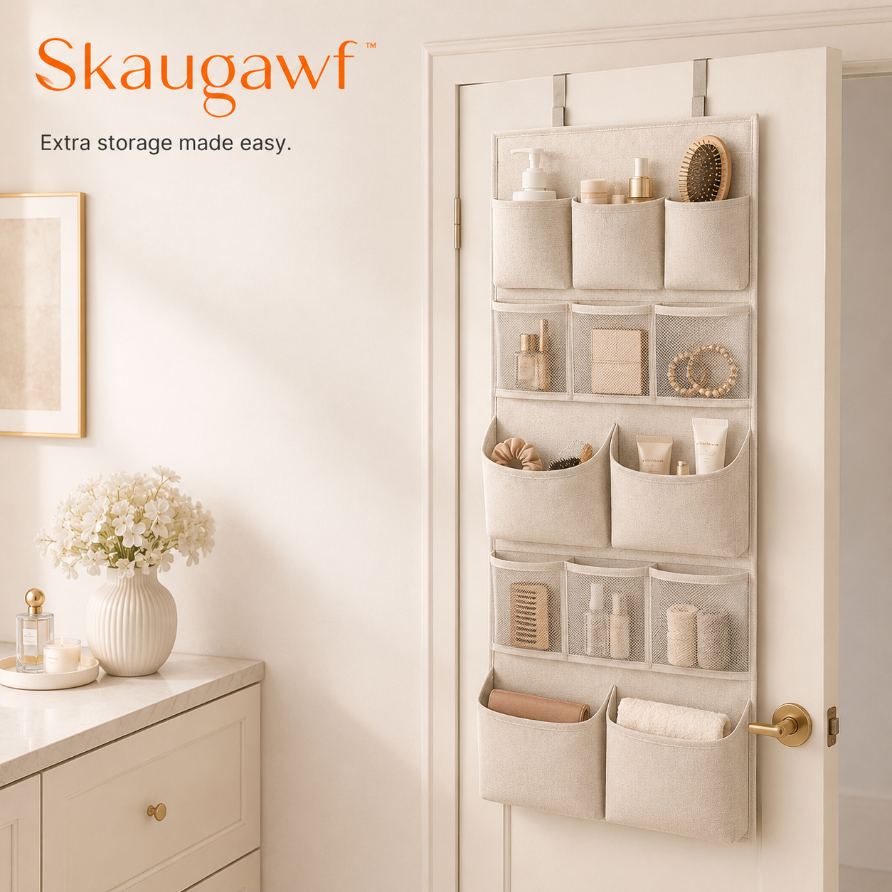 Skaugawf™ Over The Door Hanging Organizer, 5-Shelf Fabric Storage Pockets for Bedroom, Bathroom, Nursery, Closet & Pantry