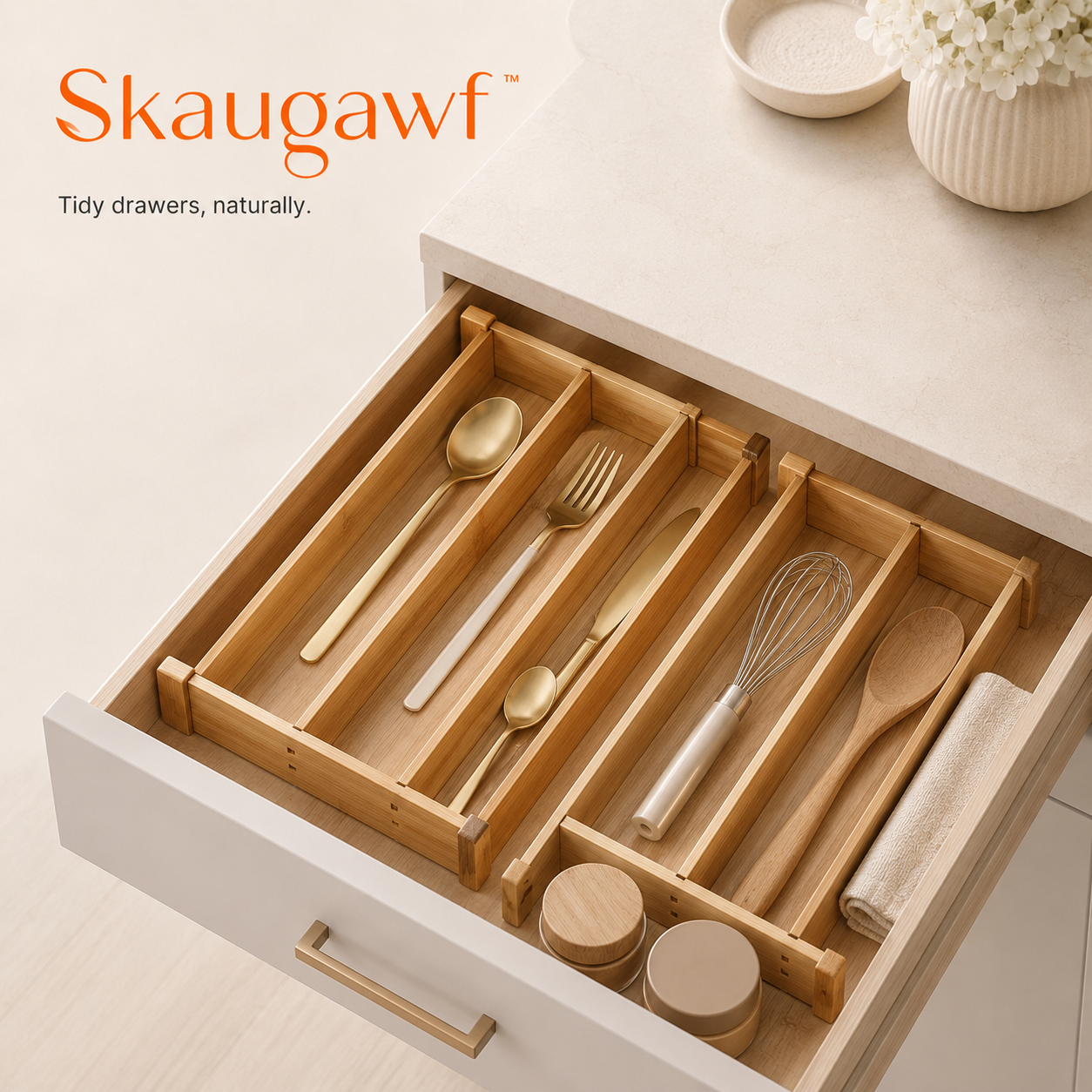 Skaugawf™ Bamboo Kitchen Drawer Dividers, Adjustable Utensil Organizer Set, Silverware, Cutlery, Office & Dresser Drawer Separators
